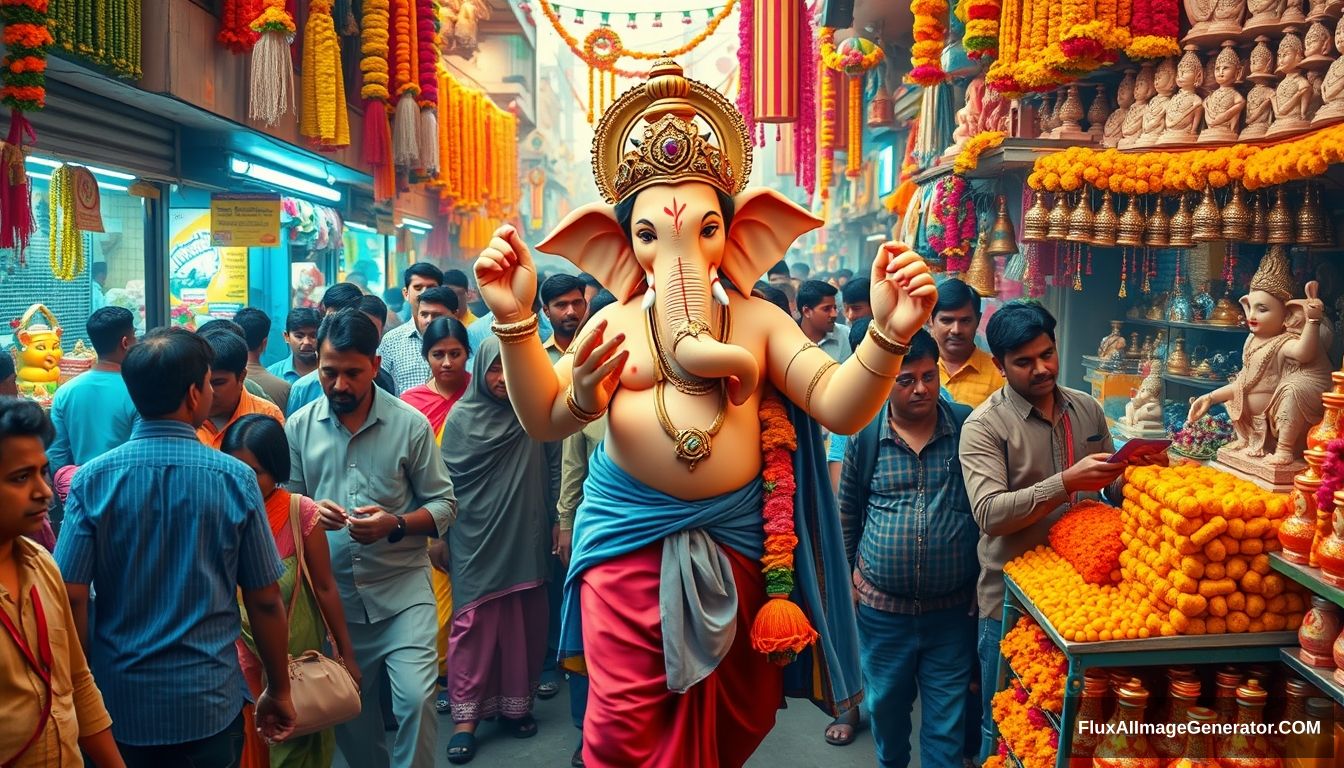 Visualize Lord Ganesha as a real human god, navigating a bustling, dense Indian market in preparation for his own festival. The market is lively and crowded, with vibrant stalls overflowing with marigold garlands, clay idols, sweets, and festival decorations. Surround him with real, everyday people who are unaware of his divine presence, going about their shopping, bartering with vendors, and carrying bags filled with festival essentials. Ganesha, dressed in a blend of traditional dhoti and modern attire, should be depicted with a serene yet amused expression as he picks out the best offerings, from the freshest flowers to the most ornate decorations. Capture the vivid colors, the cacophony of sounds, and the rich scents of an authentic Indian market, with Ganesha seamlessly blending into the crowd, embodying the divine in the midst of everyday life. - Image