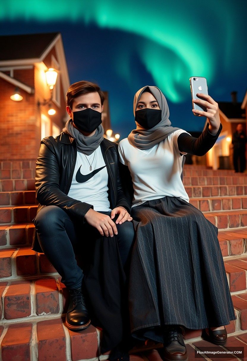 Jamie Dornan, tall, handsome, wearing a black face mask, a white Nike T-shirt, and jeans, dating a beautiful Muslim girl in a grey hijab with beautiful eyes, also wearing a black face mask, a leather jacket, and the longest and biggest skirt, who is not tall. 

They are sitting on brick stairs in town, in a photorealistic street photography style, taking selfies at night with the aurora borealis in the background.