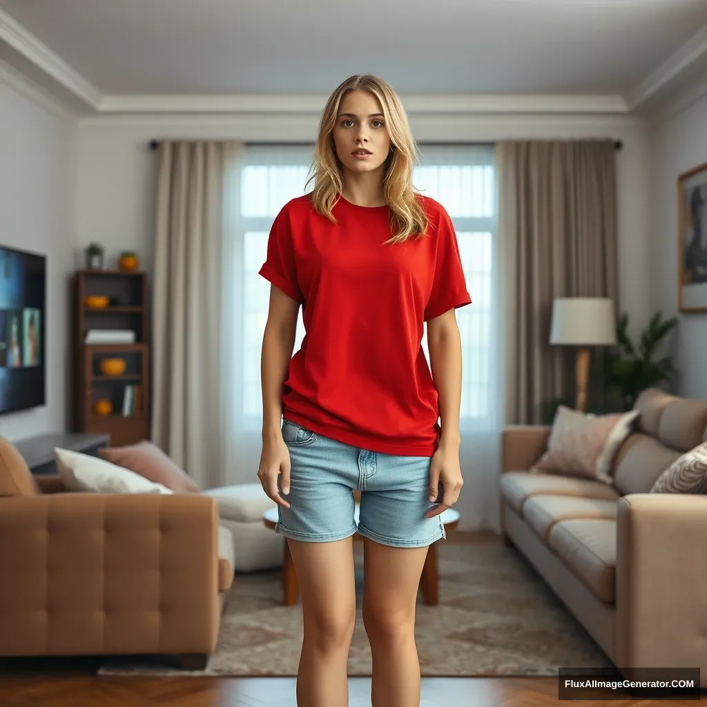 Front view of a young blonde skinny woman in her early twenties, standing in her large living room, wearing a massively oversized red polo t-shirt that is uneven on one shoulder. The bottom part of her t-shirt is tucked in, and she is wearing light blue denim shorts, with no shoes or socks. She faces her TV with a shocked expression and dives into the magical TV.