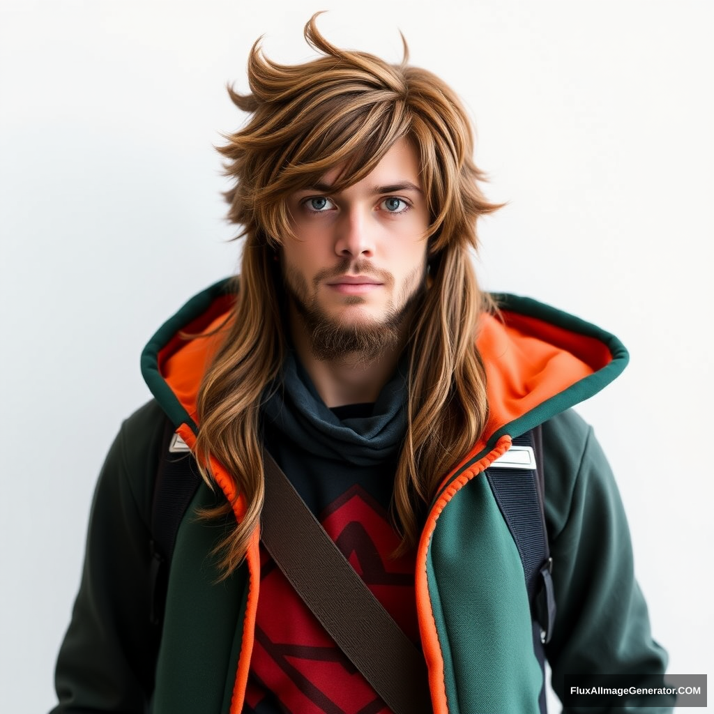 Long brown-haired and short-bearded guy cosplaying as Deku from My Hero Academia.