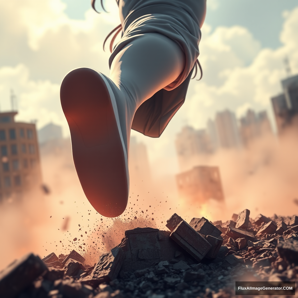 An image taken by a satellite of a gigantic, growing, anime woman, massive upper body, stomping her foot on a crushed city. pixel art style, barefoot, dof bokeh, destruction, smoke, debris, motion blur, water droplets, fog. - Image