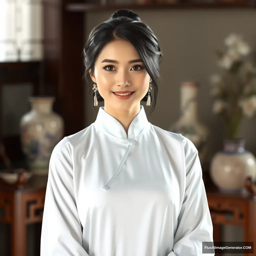 A beautiful Chinese woman wearing white Hanfu, with black hair and exquisite facial features, is standing in front of the camera. She has delicate makeup on her face, a happy expression, fair skin, and an elegant figure. The background includes furniture and vases. Her outfit includes traditional light blue cloth, a simple design style, high-definition photography, full body photos, Chinese classical beauty, a simple Hanbok, light-colored silk fabric, and light colors.