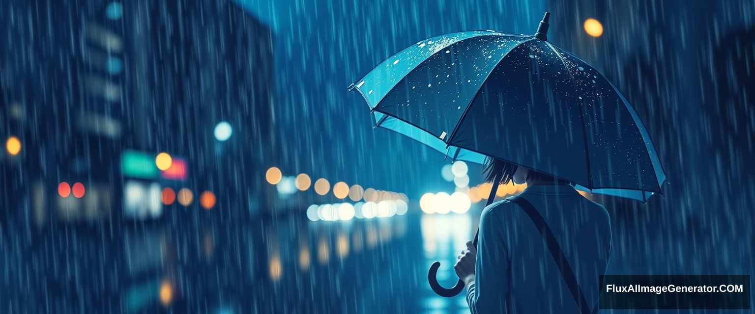 girl with back turned, holding umbrella in the night rain