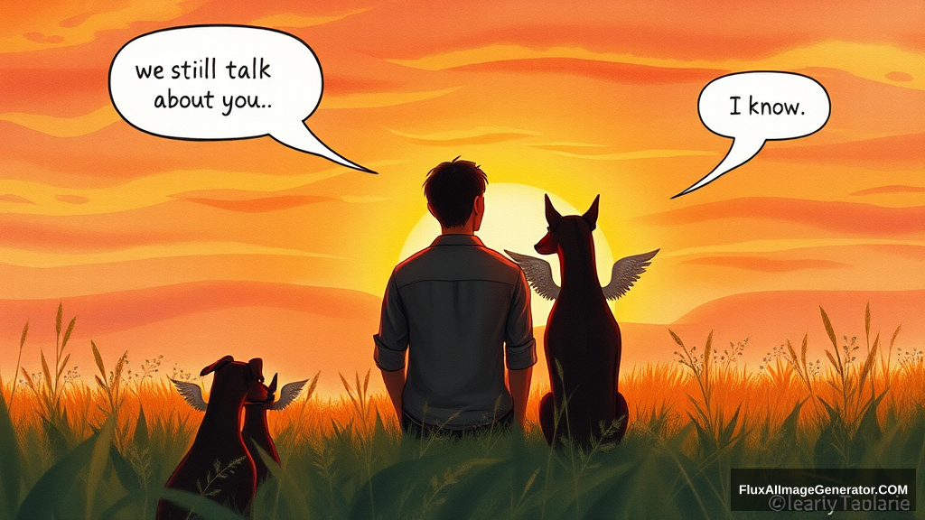 watercolor illustration: male figure in meadow at golden hour, silhouetted against vibrant sunset sky. 3 winged canine Doberman companions sat beside. facing away from the viewer, speech bubbles float above: "We still talk about you" (person), "I know" (dog). Nostalgic atmosphere, brushstrokes convey wistful longing. Warm palette, dreamy textures.