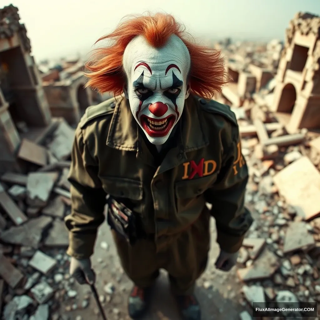 A very desperate sad crying clown in an IDF uniform standing in the middle of ruins. Bird's-eye perspective from some distance. Hyperreal.