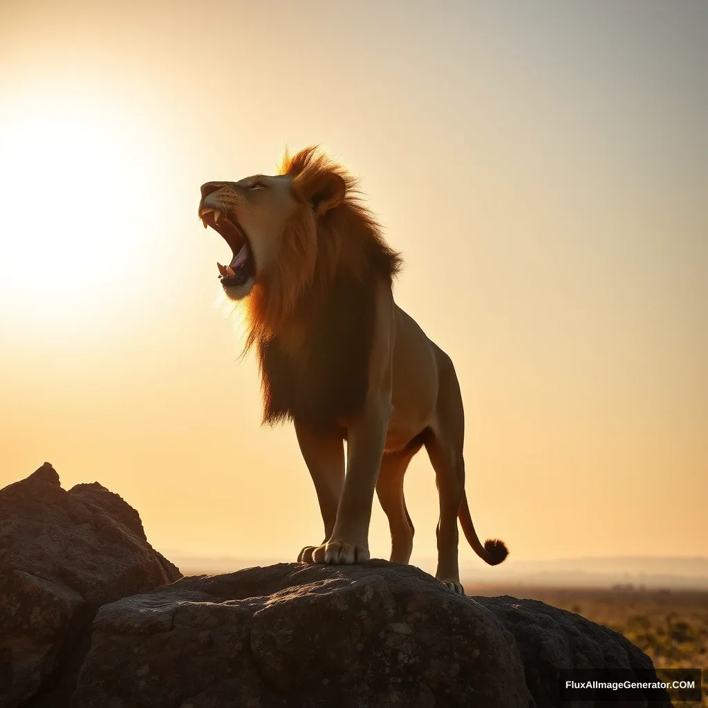 Beneath the blazing sun on a serene morning on the African savannah, a majestic lion stands atop a rocky outcrop, letting out a powerful roar.