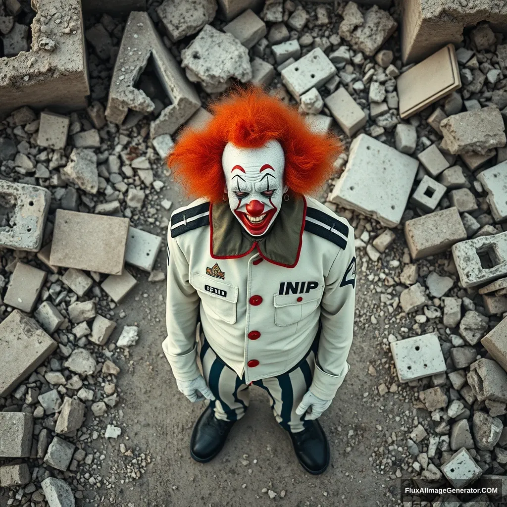 A very sad clown in an IDF uniform standing in the middle of ruins. Bird's eye perspective from afar.