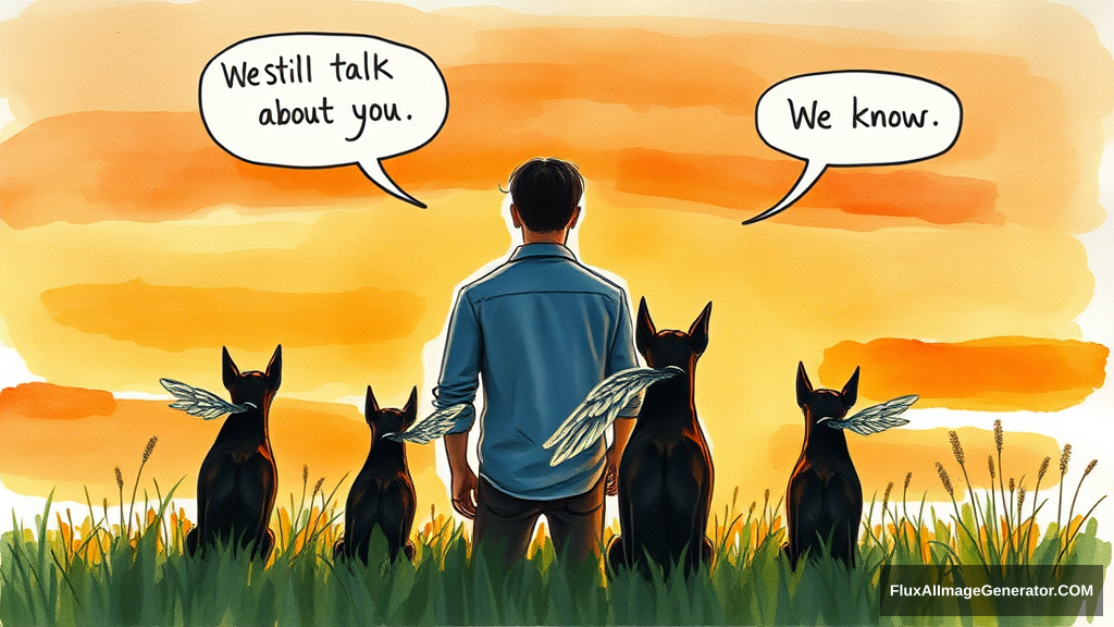 Messy hand drawn watercolor illustration: male figure in meadow at golden hour, silhouetted against vibrant sunset sky. Three ethereal ghostly winged canines, black and tan Doberman companions, sat beside. Facing away from the viewer, speech bubbles float above: "We still talk about you" (person), "We know" (dog). Nostalgic atmosphere, brushstrokes convey wistful longing.