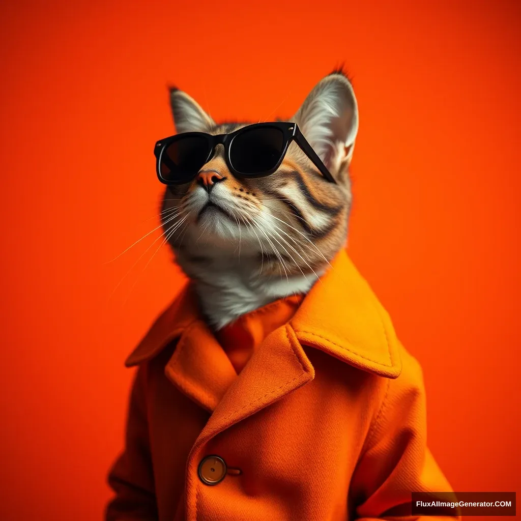 The best mobile wallpaper, Award-winning wallpaper, Portrait Photography, In front view is a portrait of a cute cat wearing 1960s mid-century space-age fashion, Side view shot, Shot with Canon EOS R5, Setting a stark contrast that accentuates the subject, Fluorescent orange shade, Wearing a very fashionable lounge coat and sunglasses are a hip 1960s style, Clothing all in one color, Beautiful background --ar 9:16 --quality 2 --v 6.1