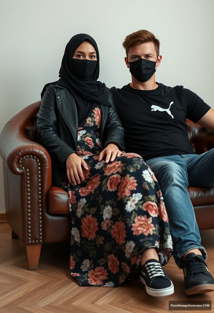 A biggest black hijab girl, slim girl, beautiful eyes, face mask black, black leather jacket, biggest floral long dress, black leather sneaker, sitting on leather single wing sofa, Jamie Dornan, youngest, puma black t-shirt, jeans, black leather sneaker, tall man, face mask black, fit body, sitting near her, hyper-realistic, studio photography. - Image