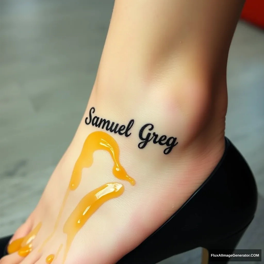 The name "Samuel Greg" on a woman's foot in a black high heel. There is oil all over the foot. - Image