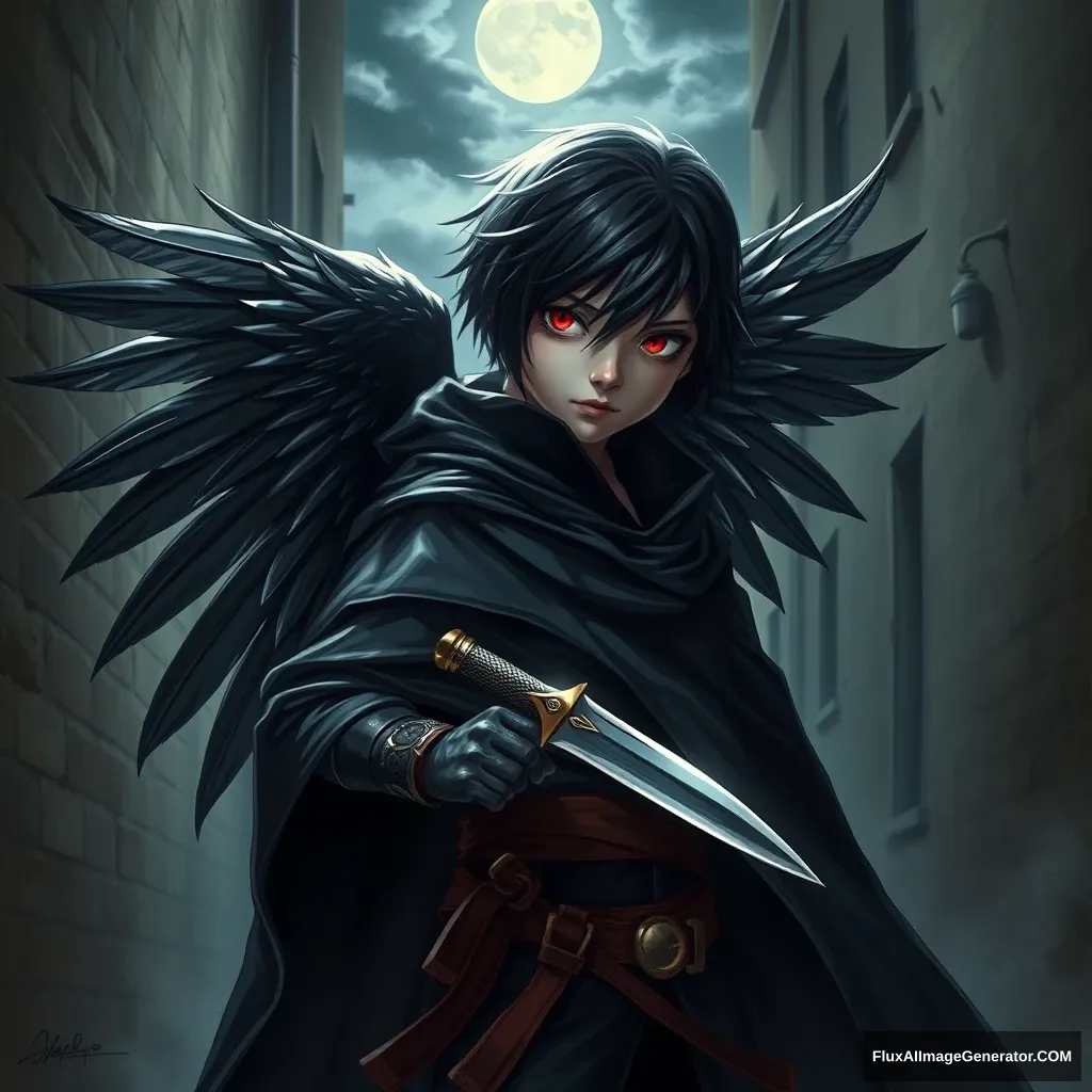 "A young assassin with crow wings, red eyes, black hair, black feathers shimmering with a faint light, wearing a lightweight black cloak, holding a silver short knife, with sharp eyes, set against an alley background, moonlight spilling through the clouds onto the ground, creating a mysterious and tense atmosphere."