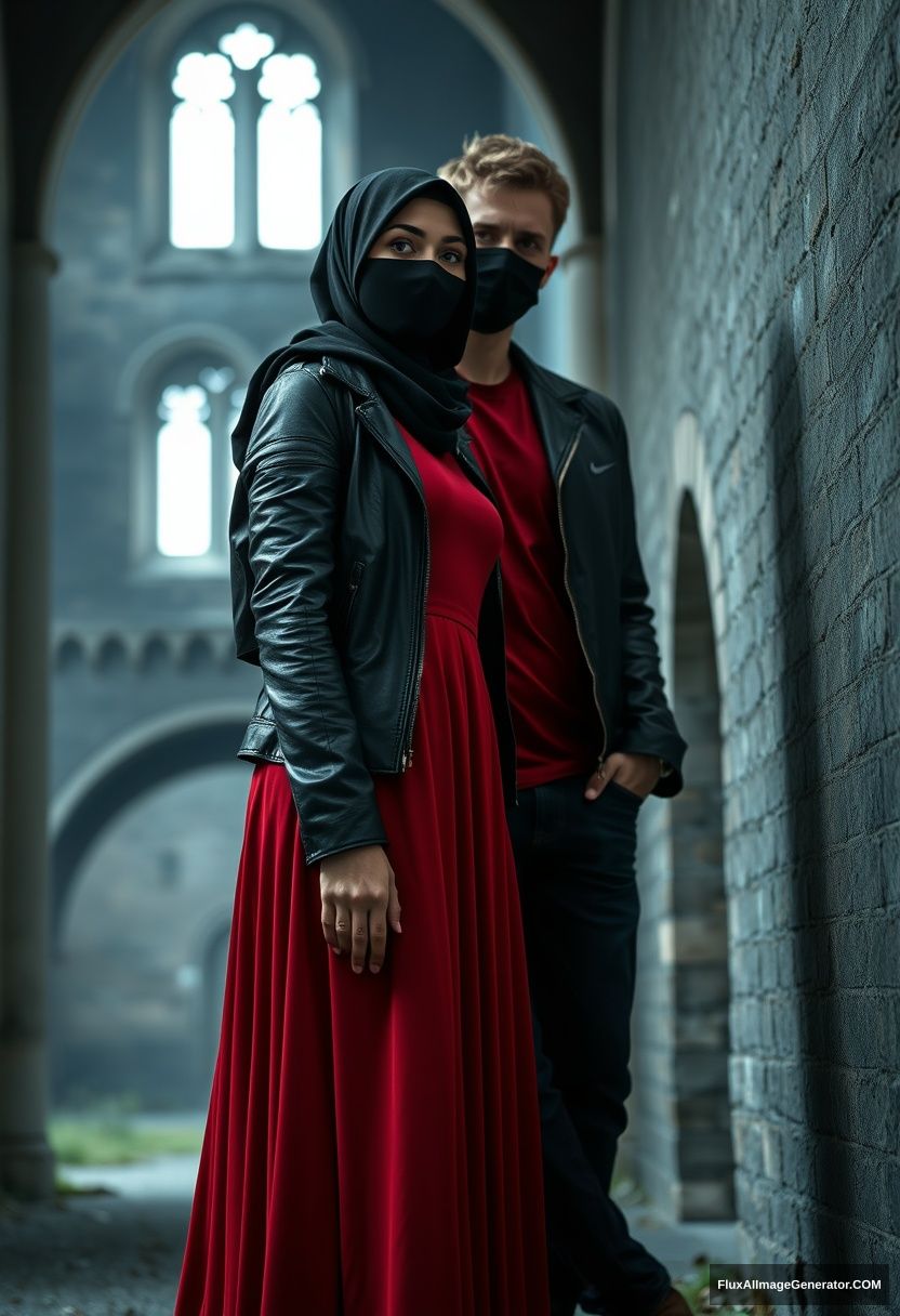 A biggest black hijab girl, beautiful eyes, face mask black, black leather jacket, biggest red longest dress, not tall, leans at him,

Jamie Dornan, handsome, face mask black, fit and tough body, Nike red t-shirt, black leather jacket, jeans, tall man, leans against the wall.

Hyper-realistic, photorealistic, studio photography, Victoria's abandoned castle, gloomy. - Image