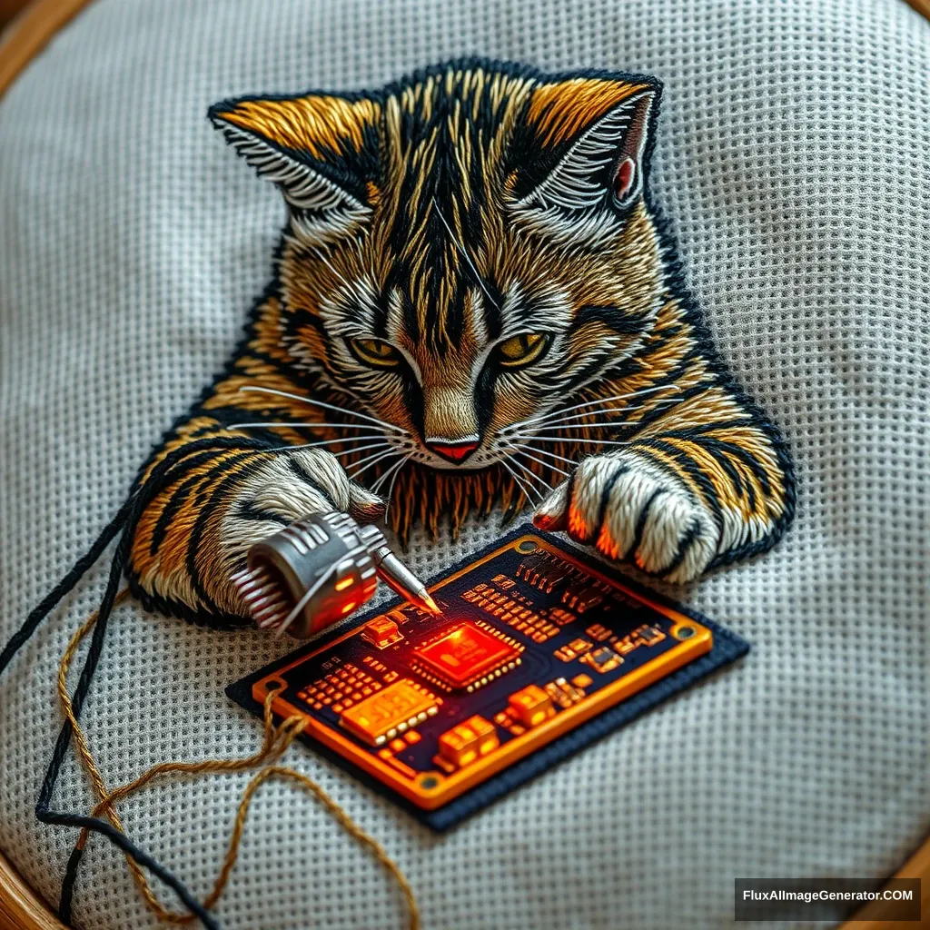 Intricate embroidery depicts a focused tabby cat, whiskers twitching, delicately wielding a miniature soldering iron. The cat repairs a complex motherboard, stitched with metallic threads. Warm LED glow illuminates the scene. Textile artwork blends modern technology with traditional craftsmanship, creating a whimsical juxtaposition. - Image