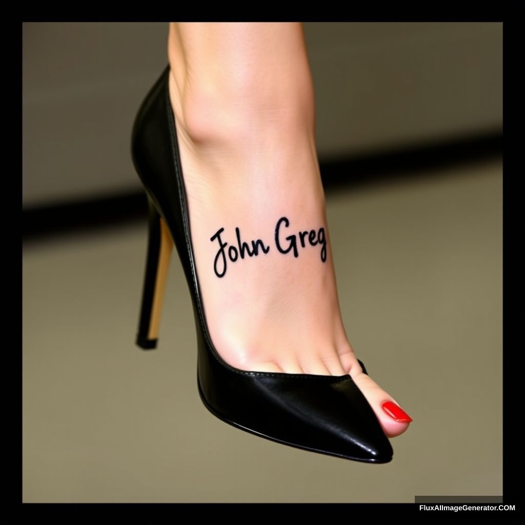 A woman's foot with the name "John Greg" on it. She is wearing black heels and her toenails are painted red. - Image