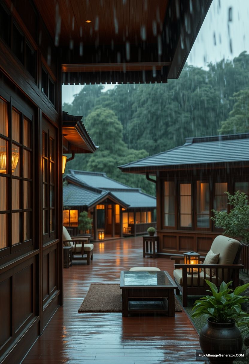 Outside view, rainstorm, a total of oriental cabins, exquisite detail design house, warm colored lighting window, aesthetic sense, comfortable, comfortable, relaxed, master composition.