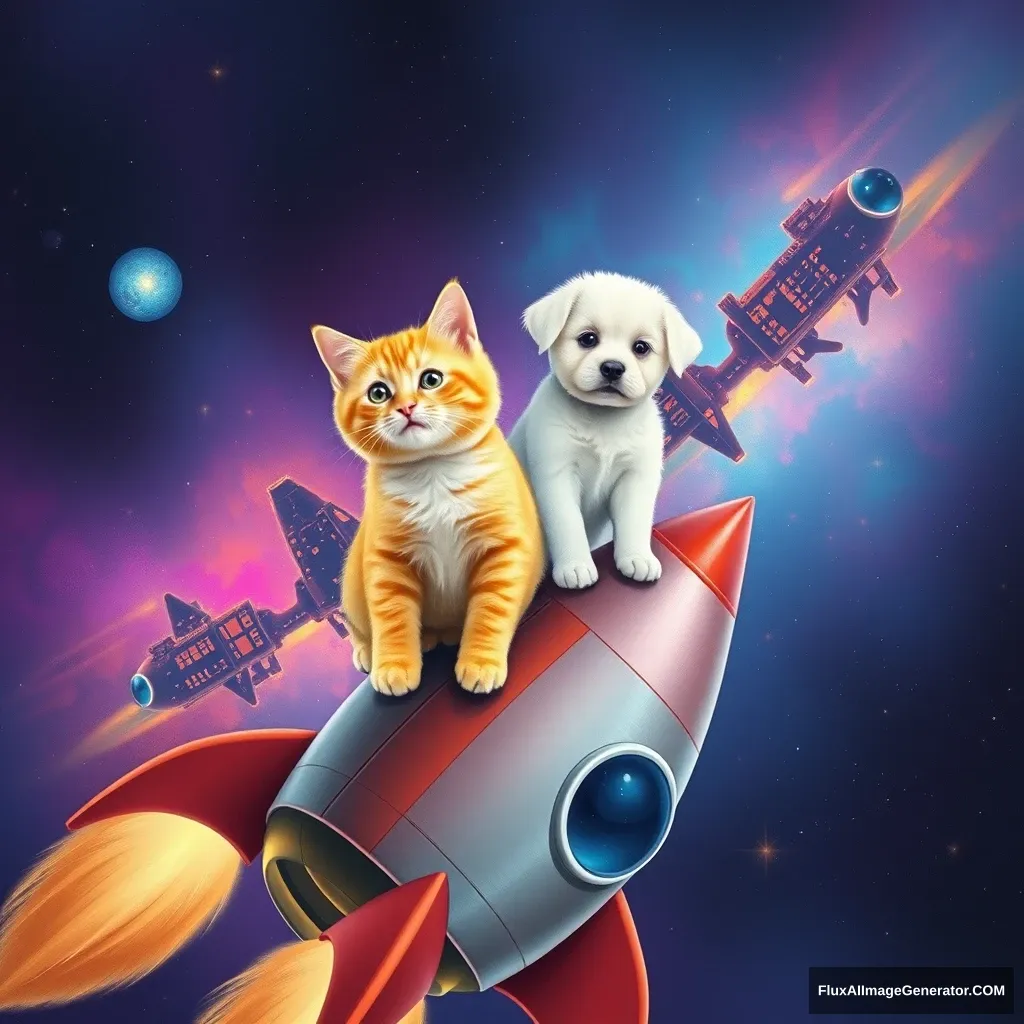 A yellow cat and a white puppy are atop a space rocket, headed for the colorful and beautiful cosmos.