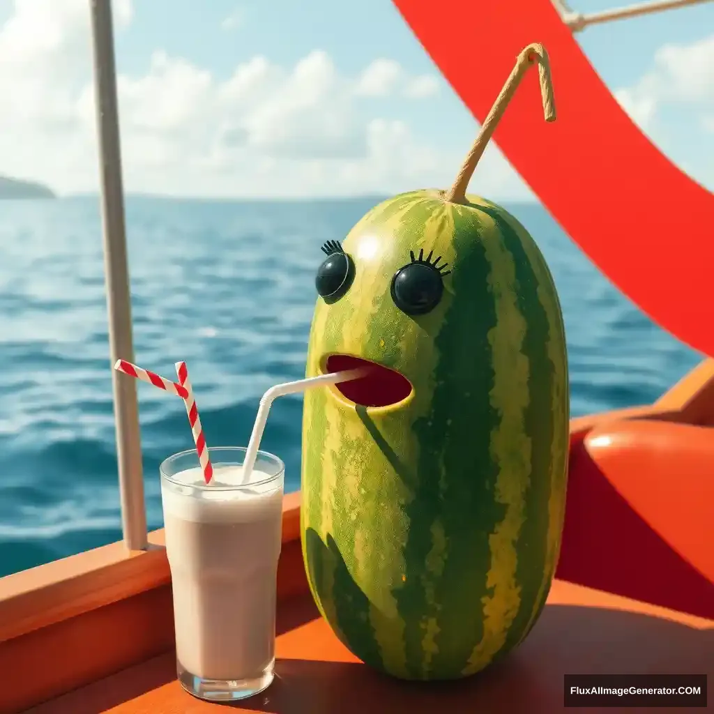 'a melon drinking a milkshake with a straw on a boat'