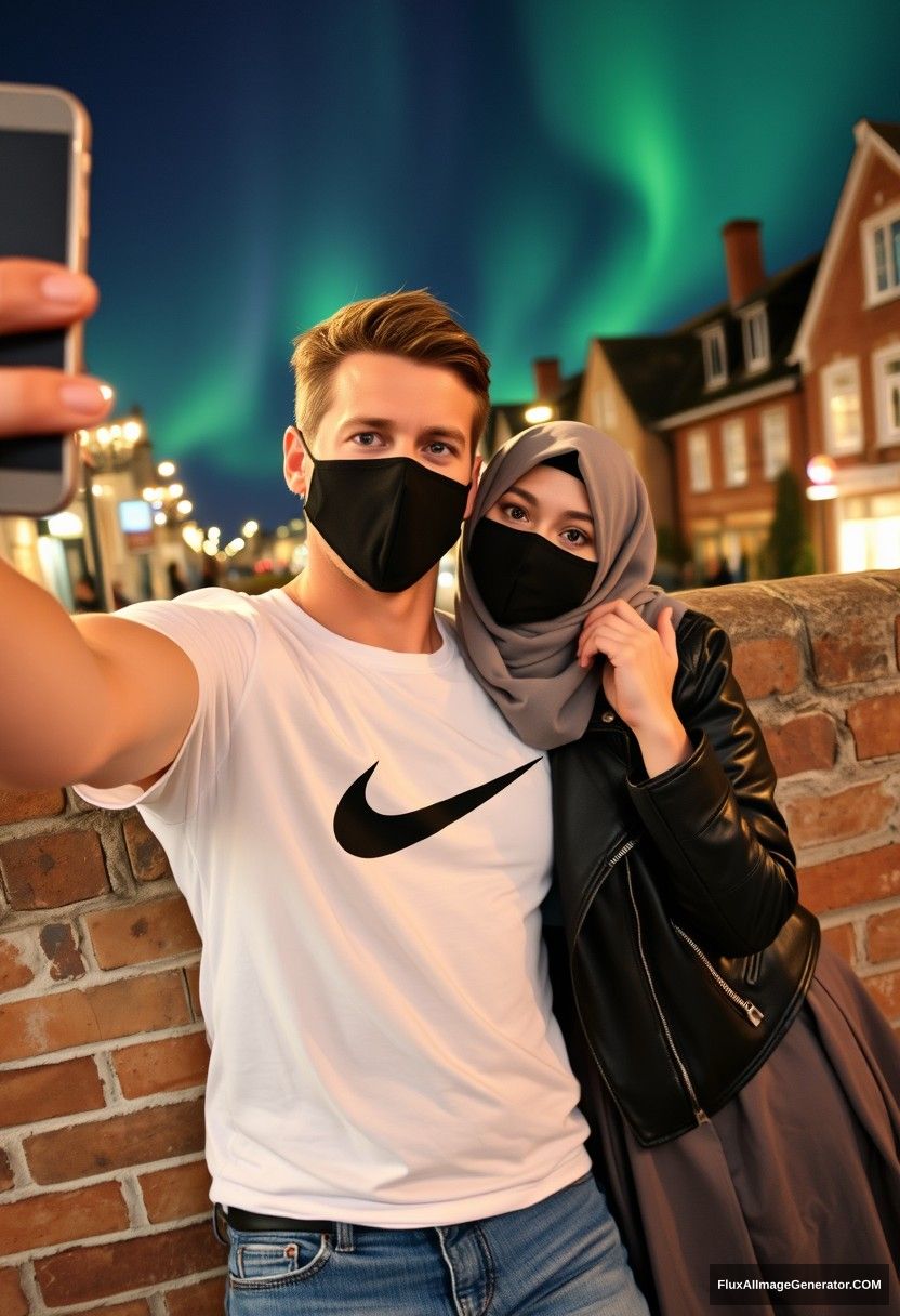 Jamie Dornan, tall, handsome, wearing a black face mask, a white Nike t-shirt, and jeans, is dating a beautiful hijab-wearing Muslim girl with grey hijab, beautiful eyes, a black face mask, and a leather jacket. She wears the longest and biggest skirt and is not a tall girl. They are laying against a brick wall in town, in a photorealistic, street photography style, taking selfie photos in a night scenery with an aurora.