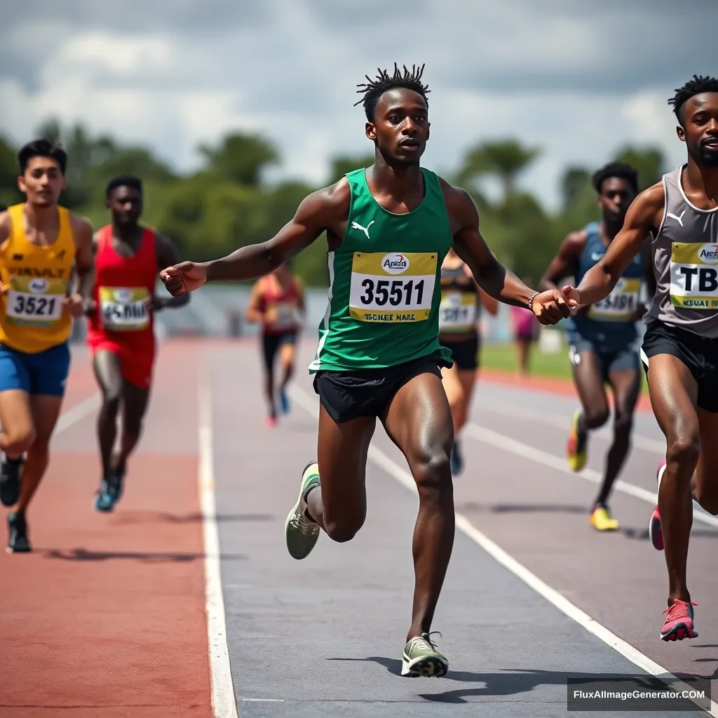 Black Bahamian track and field runners handing off the baton on the track in a race.