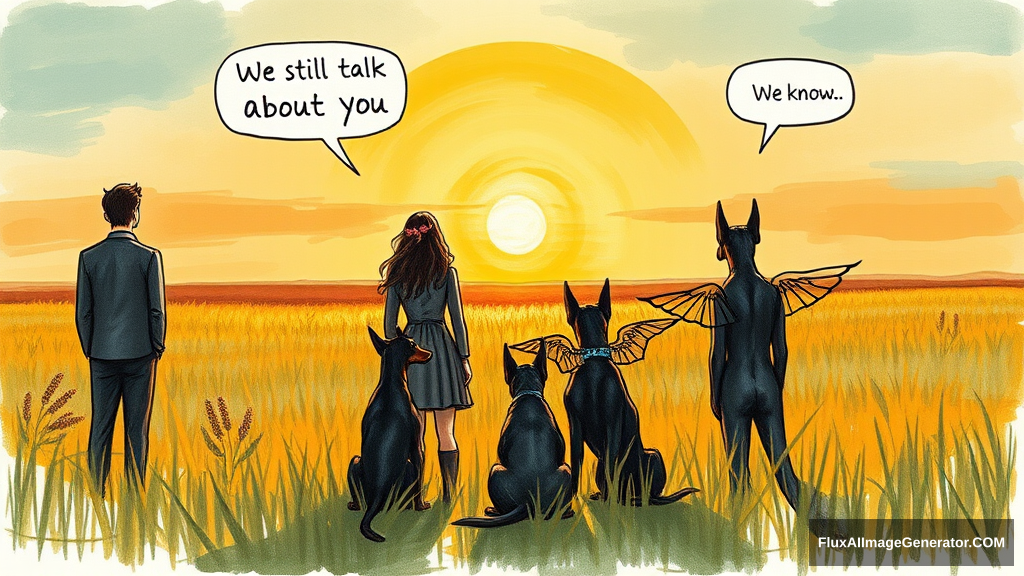 Messy, pencil sketch colour illustration: 4 silhouetted figures—2 male, 2 female—stand in a lush meadow at golden hour. 3 ethereal, winged dobermans sit beside them. Facing away from the viewer. Speech bubbles float above: "We still talk about you" (human), "We know" (dog). Nostalgic atmosphere, convey wistful longing. - Image