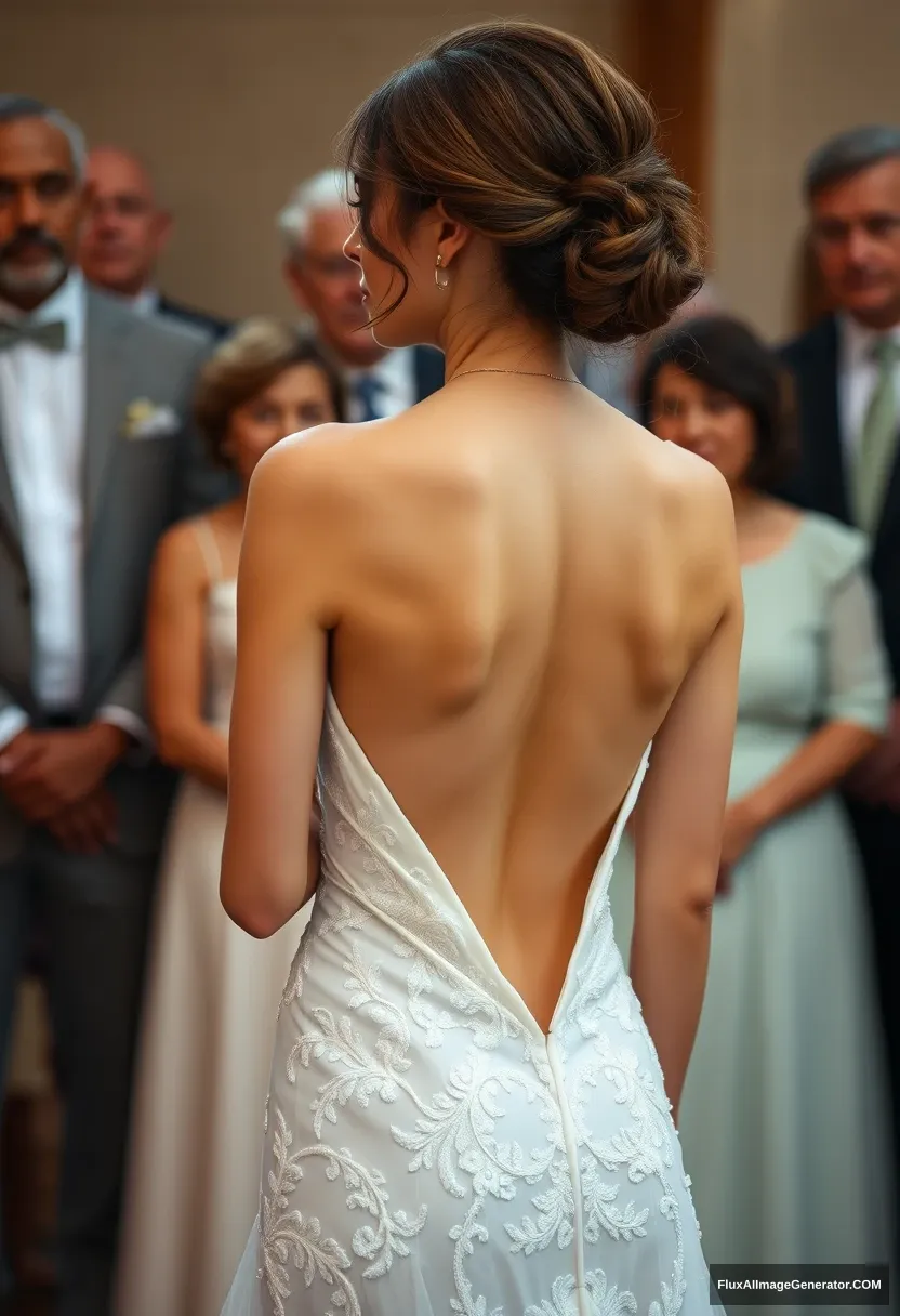 A short young woman, sensitive and delicate, wearing a backless, strapless, side-less, low-waisted contouring wedding dress with a breezy loose open back that spills open to the sides, seemingly left intentionally undone in front of elder patriarchy. Expectations. Perfect posture.