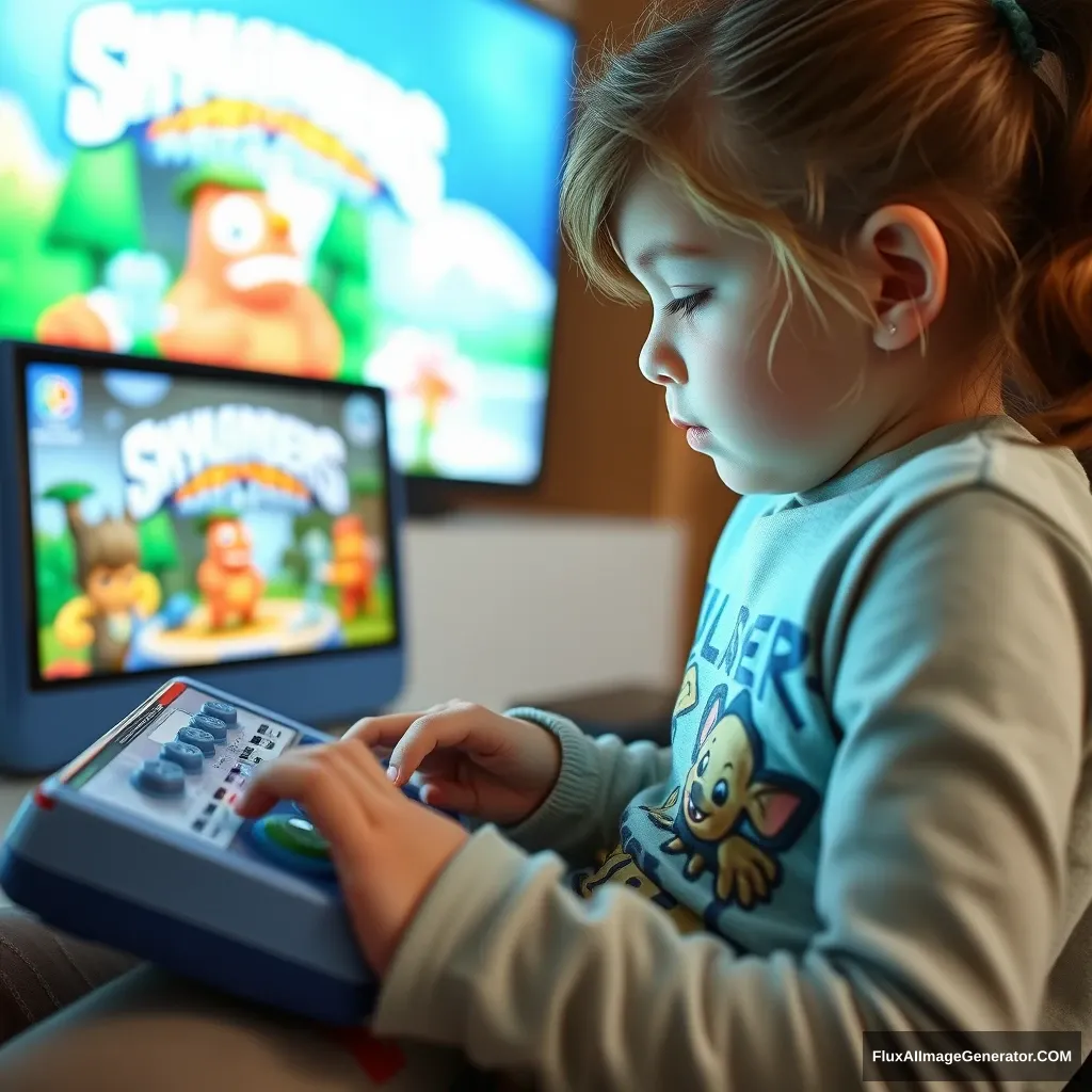 A little girl is playing the Skylanders game. - Image