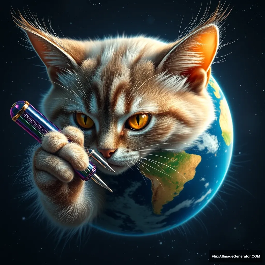 A hyper-realistic cosmic feline mechanic, fur glistening with stardust, meticulously repairs an azure Earth-like planet. Golden eyes focused, paws deftly wield an iridescent quantum screwdriver. Suspended in the velvet void of space, the scene exudes determination and hope for universal harmony. - Image