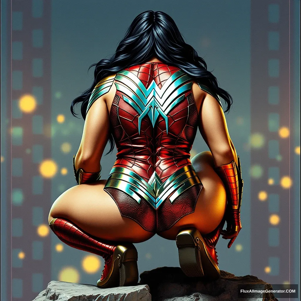 Big chested, 250-pound Wonder Woman character viewed from behind in a crouching Spider-Man position in the year 2099. Full body image from head to toe in a metallic holographic trading card print, with an extra holographic 3D look.