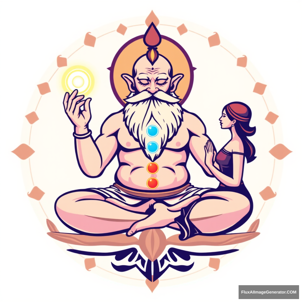 Tahir Yoga Center logo: a muscular, large bald dwarf with a beard in the lotus position exchanges energies from the muladhara chakras to the muladhara chakras with a woman.