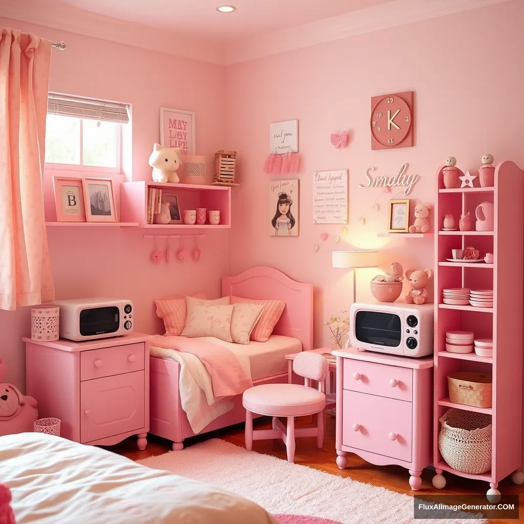 Make a girl’s room warm and cozy, with pink furniture, decorations, and small appliances.