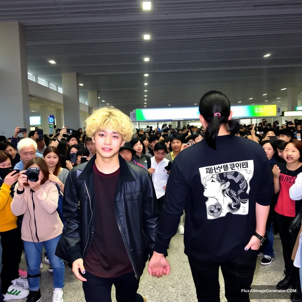 A man with curled, blonde hair that reaches his ears and a man with low pony-tailed ebony hair are holding hands in front of a large crowd of fans at the airport. Both are styled like K-pop idols, and the blonde man is taller than the other man. - Image