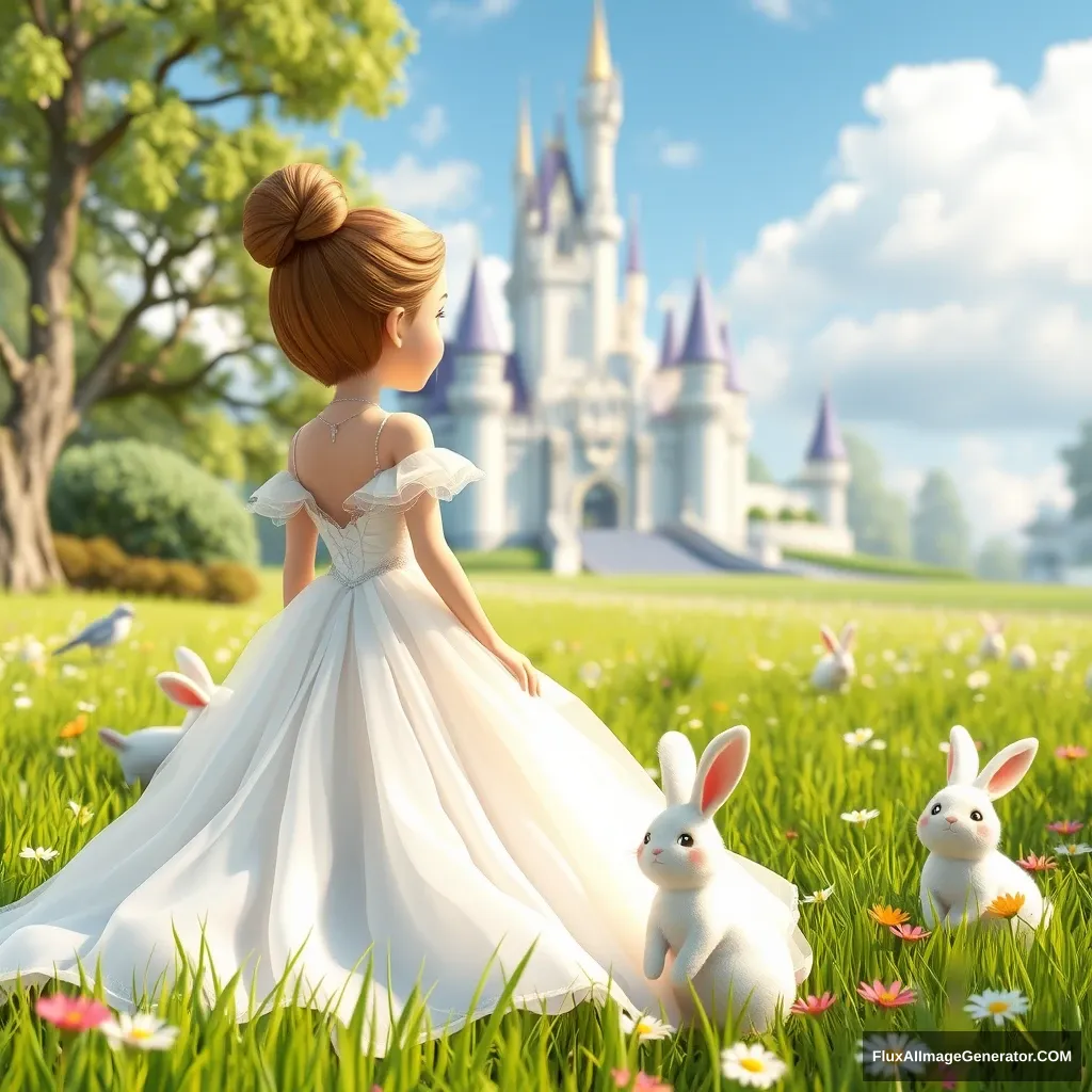 A princess in a white chiffon dress, looking ahead in the grass in front of the castle, with cute furry bunnies, birds, flowers, a magical world, Disney style, 3D rendering, natural light, high-definition picture quality, 8k, - niji 6.