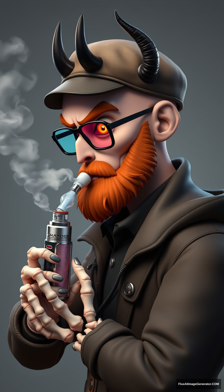 Three-quarter view of a sinister, bald cartoon human male with subtle necromancer features. Demonic obsidian horns contrast with a short, fiery ginger beard. Weathered flat cap and aviator glasses, hellfire glowing eyes. Skeletal fingers clutch a chrome vape mod, exhaling dense, swirling vapor clouds. 3D rendered. - Image