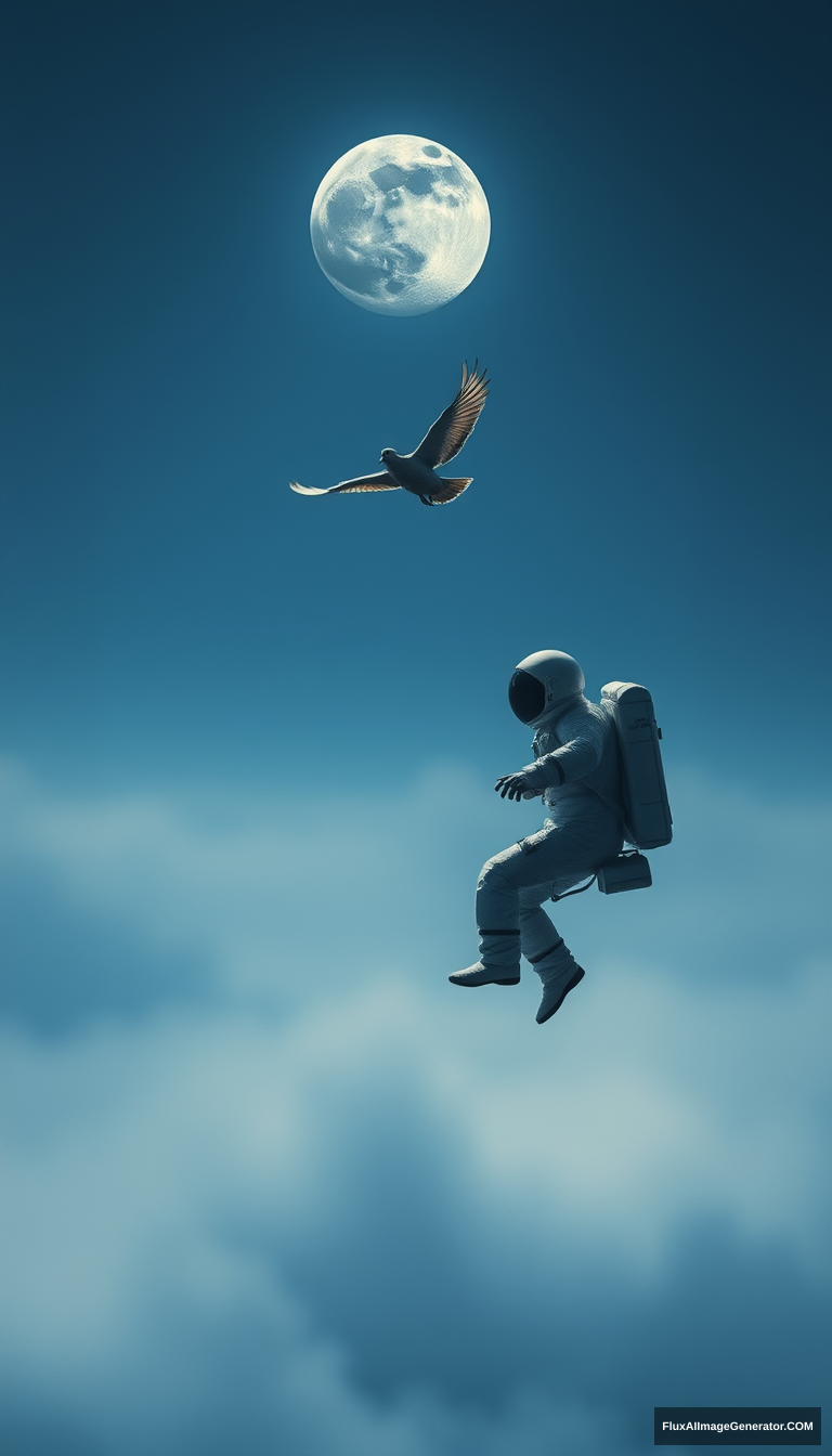 astronaut falling from the sky, lonely scene, a dove flying above, the moon in the center, haze lighting - Image