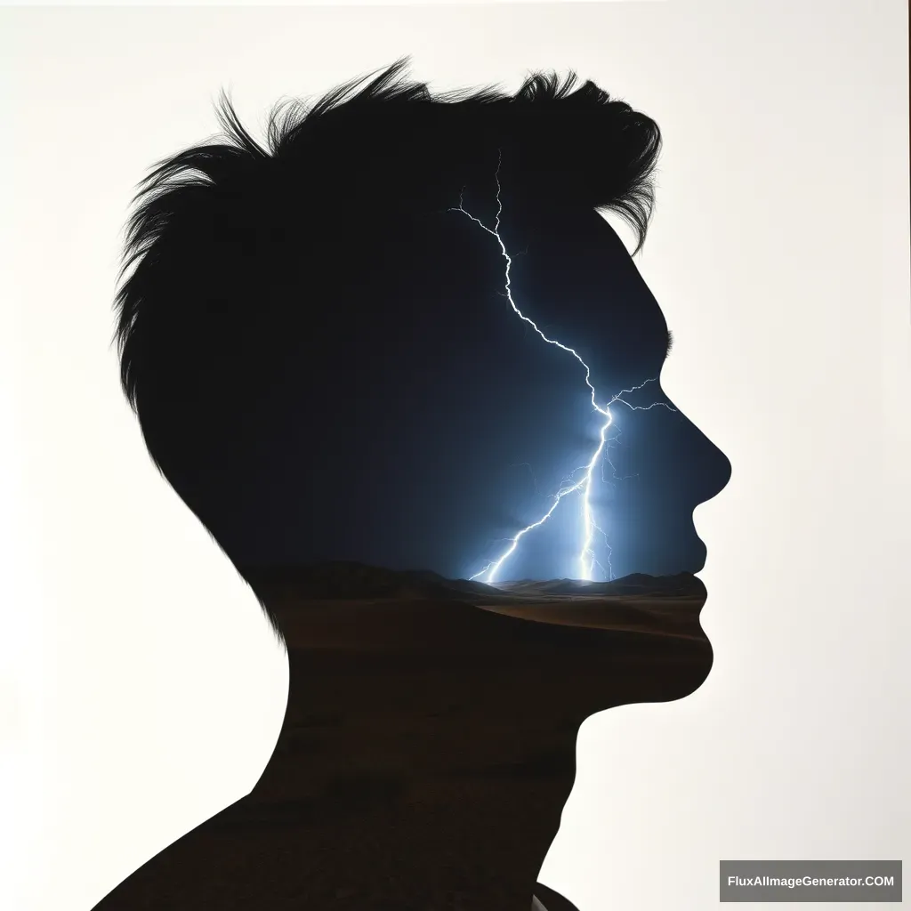 "[Abstract style of night, desert, lightning] within the outline of a [man's] head, this is a double exposure photograph. Non-representational, colors and shapes, emotional expression, imaginative, very detailed."