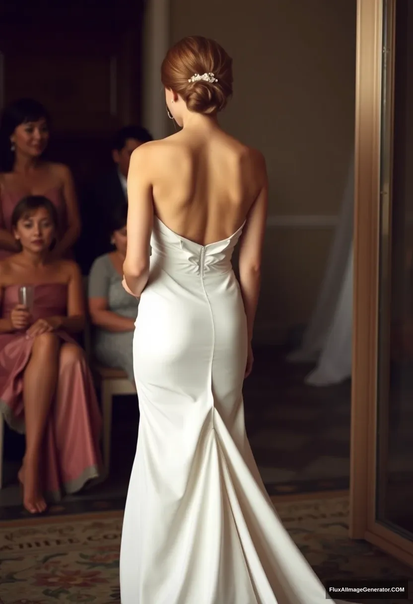 A short young woman, sensitive, delicate, backless strapless side-less low-waisted contouring wedding dress with a loose front and an open rear. Mingling obediently and fawning with fathers. Expectations. Perfect posture. Pale skin.