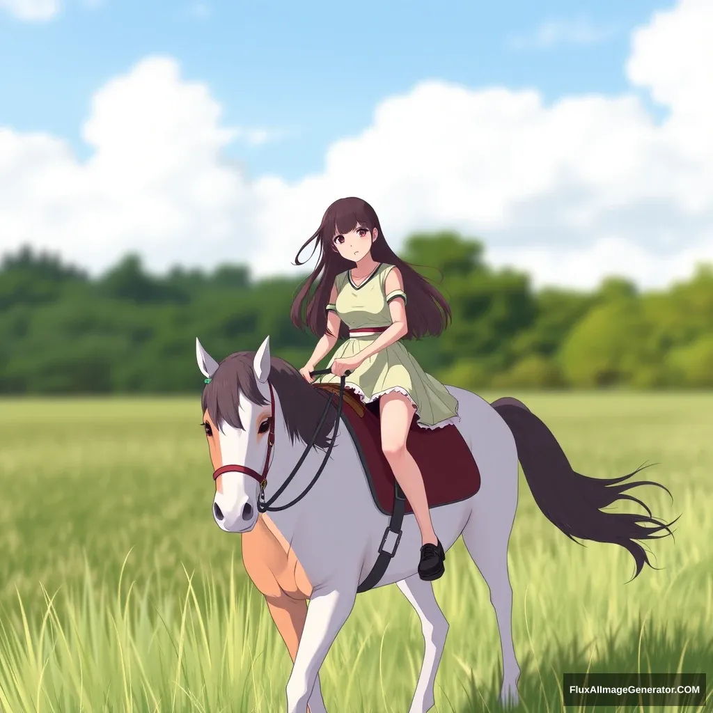 An Asian girl, long hair, long legs, short skirt, t-shirt, riding a horse on the grass.