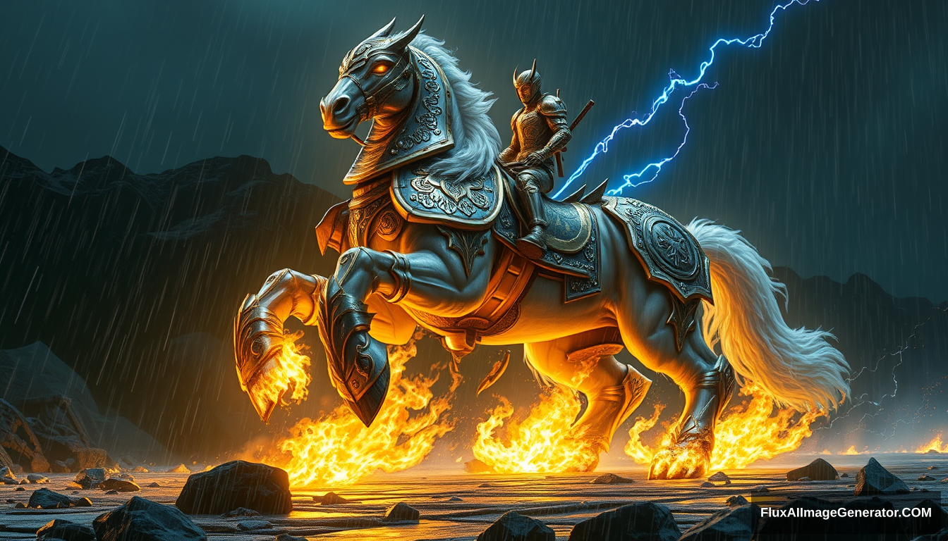 The hooves fell, and a magnificent, mountain-like steed emerged. It raised its head high, its face covered by a metallic mask, clad in heavy armor adorned with intricate metal patterns. Radiating a brilliance akin to crystalline stones, the white fur glimmered while flames of blue lightning crackled around its eight powerful legs.

As it advanced, each step of its dark golden horseshoe seemed to unleash a roaring sound, akin to massive waves crashing against rocks; the rocks shattered, and the ground was marked with wounds from its tread.

Neigh!!!

From its enormous nostrils erupted two jets of conical mist, swirling like tornadoes.

As the mist dispersed, Chu Zihang could see clearly. 

It was a huge black silhouette, sitting majestically atop the horse, resembling an oversized Deadpool, except he was enveloped in seemingly more refined golden armor that emitted a faint glow in the rain-soaked night.

His ruthlessly radiant golden eyes were even more intense than those of the Deadpools, as if a massive lighthouse suddenly illuminated this realm!

The mythological figure, once confined to the pages of books, appeared in this form: the supreme god of the Norse Aesir, the king of the dead, “Leaf Lonely City”—Odin.

He held a curved spear in his hand, the curve of the shaft resembling the trajectory of a meteor streaking across the sky.

A mighty eagle followed, soaring across the heavens; it was not merely an eagle, but the V-shaped gilded eagle helmet, heralding the war he would bring.

War?! The texture of a photograph. - Image