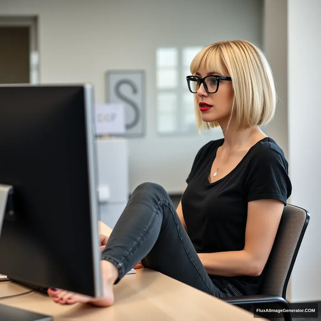 A woman in her 30s with a blonde bob haircut, wearing black-rimmed glasses and red lipstick, is sitting at her desk in an office, working on her computer. She is dressed in skinny dark grey jeans and a black t-shirt. Her legs are resting on the table, and she is not wearing shoes. - Image