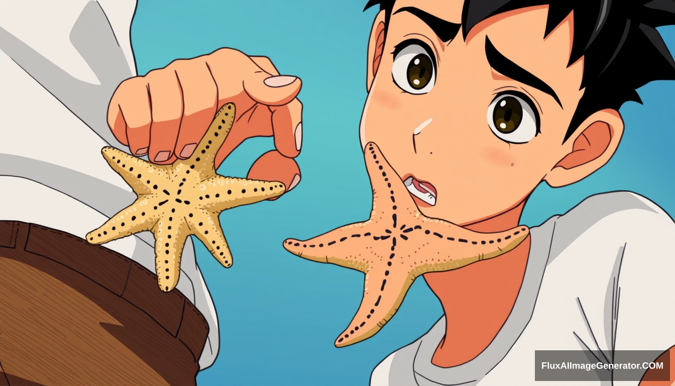 Digital illustration in the style of an animated movie scene, Anime-inspired style, Close-up shot: The boy's face (10 years old, spiky black hair, white t-shirt) as he speaks, animated and earnest with overemphasized expressions. His hand holds up a starfish, drawn with intricate details. The camera slowly pans down to the starfish, then back to the boy's face with a dramatic swish effect. Part of the man's brown pants visible in the frame, texture emphasized with cross-hatching.