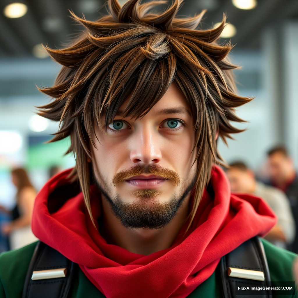 Long brown-haired and short-bearded guy cosplaying as Deku from My Hero Academia.