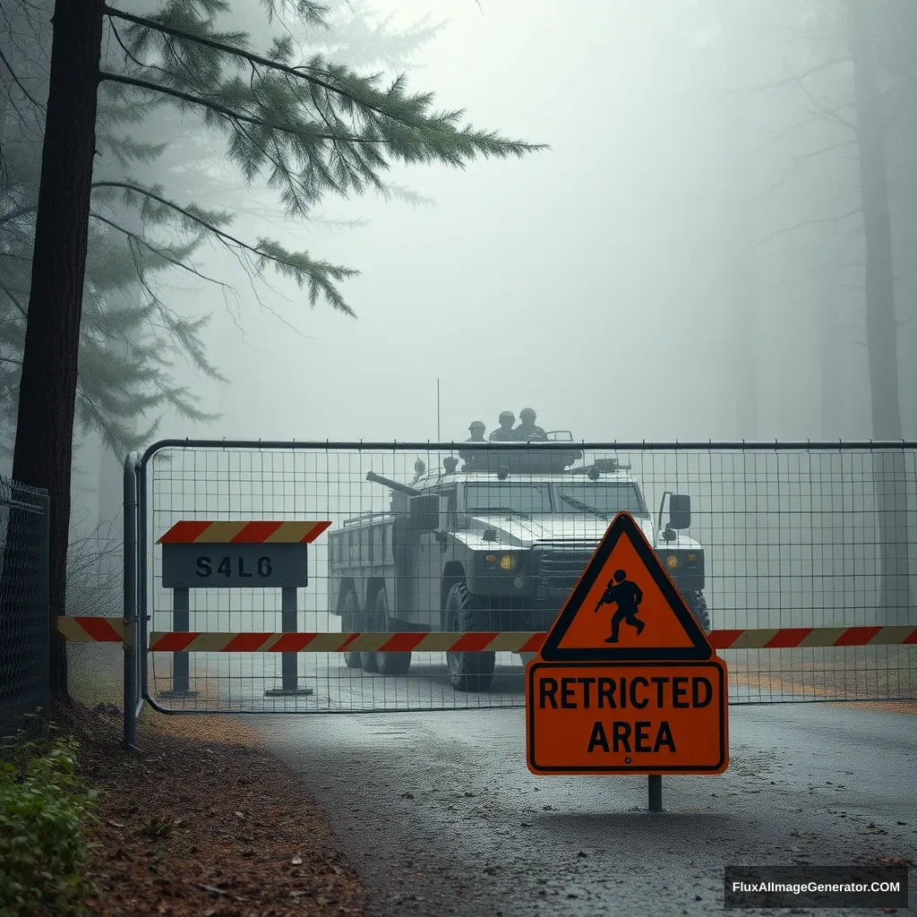 A checkpoint with a fence and an armored vehicle with soldiers in dark gear, with a black and orange sign "WARNING! RESTRICTED AREA!" in the forest, in the fog.