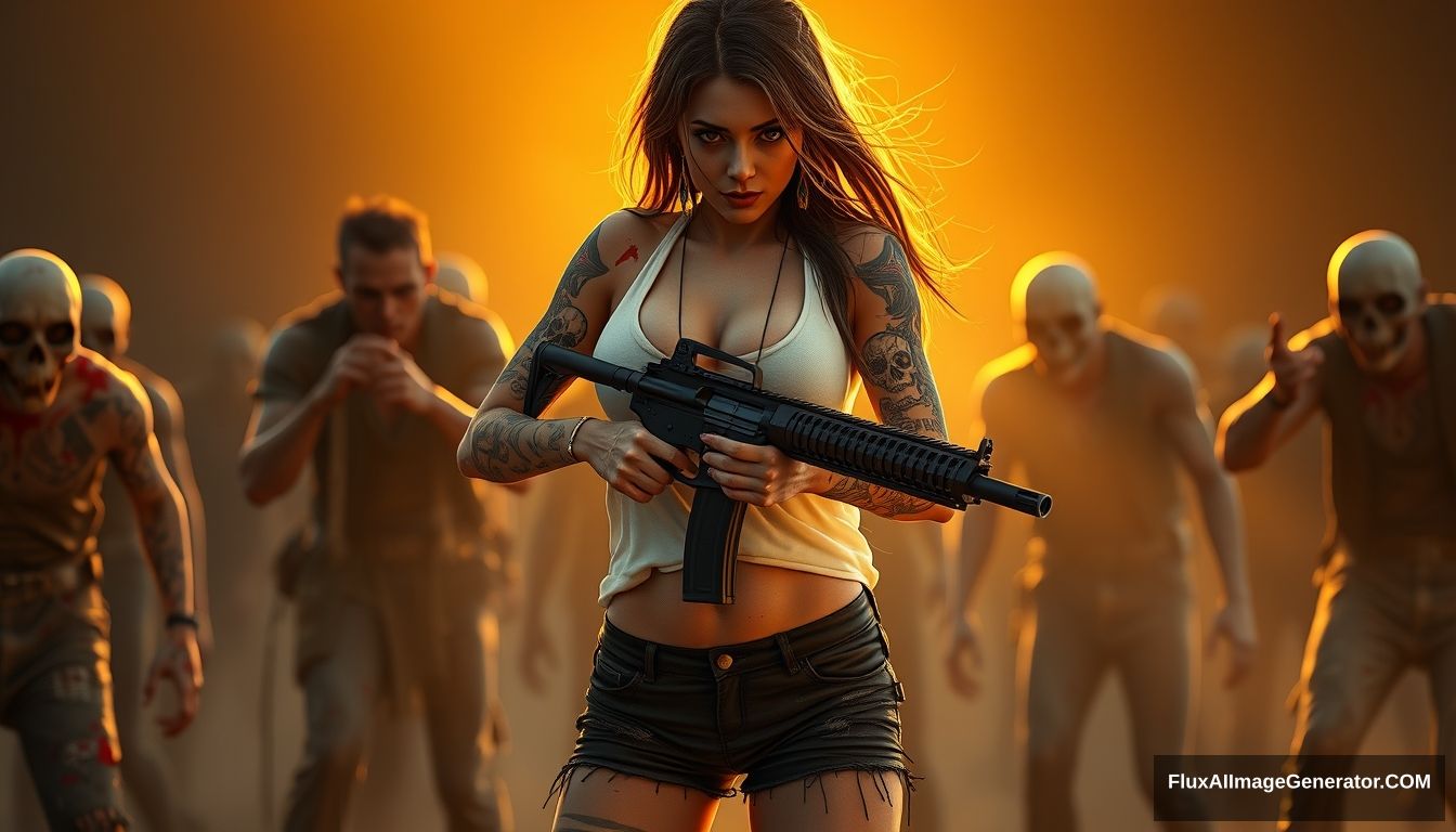 Portrait of a sexy woman in a white vest and black shorts, with lots of gypsy style and skull pattern tattoos on her arms, her arm skin scratched, splashed blood on both her arms and legs, holding an AR-15 rifle with both hands, aiming, surrounded by scary zombies in different clothing, golden hour lighting, ray tracing, global illumination, 4k. - Image