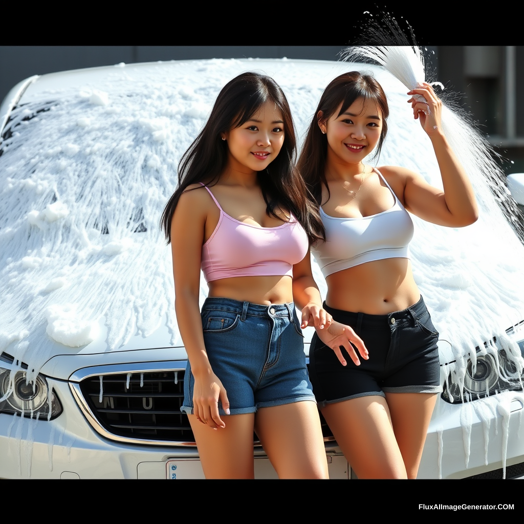 3 very large-breasted Asian female college students washing a car. - Image