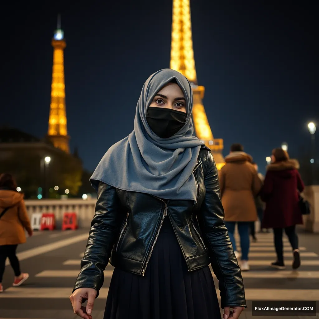 Biggest grey hijab Muslim girl, beautiful eyes, black face mask, leather jacket, biggest longest skirt, standing near the Eiffel Tower, night scenery, strangers' backs, hyper-realistic, photorealistic, street photography, holding someone's hand from the opposite side.