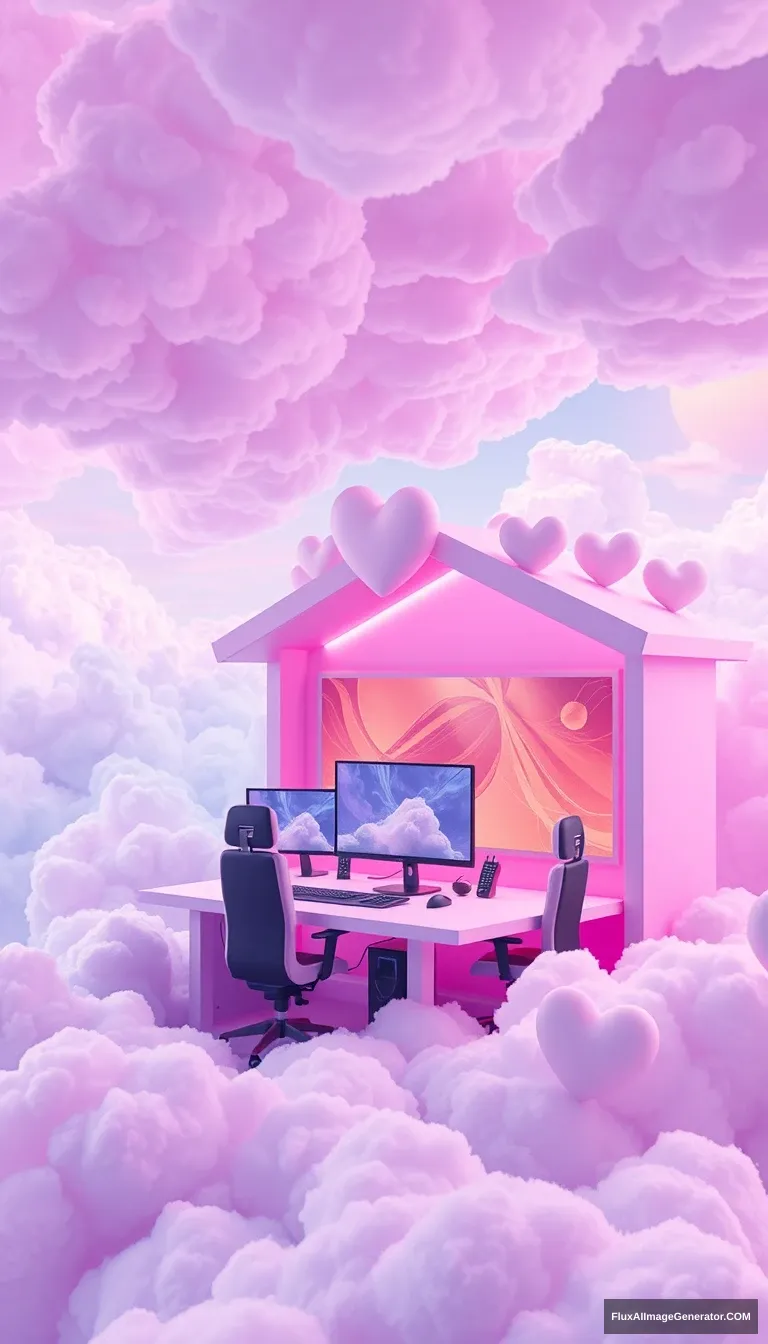 3D art style esports room in the clouds, with pink and purple colors, with fluffy hearts on the roof, a dreamy atmosphere, a magical sky background, detailed textures of cloud textures, ethereal lighting, pastel hues, soft shadows, 3d rendering. - Image