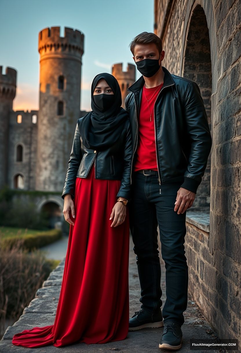 A biggest black hijab girl, beautiful eyes, face mask black, black leather jacket, biggest red longest dress, untall,

Jamie Dornan, handsome, face mask black, fit and tough body, red t-shirt, black leather jacket, jeans, tall man, standing at wall together

Hyper realistic, photorealistic, studio photography, Victoria's abandoned castle, sunrise.