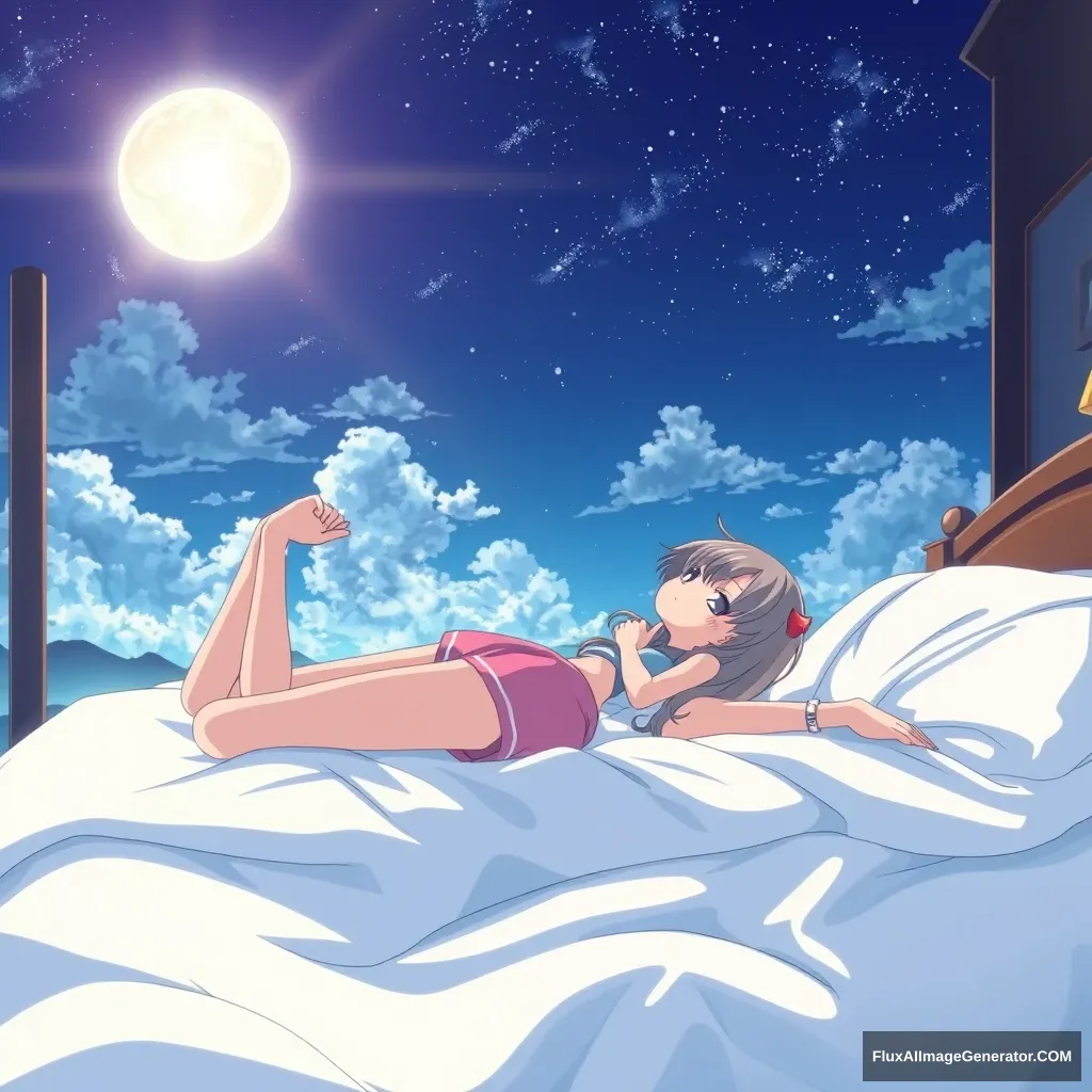 "Anime character lying on the bed, looking at the ceiling, female, 32K UHD, 1990s, majestic pose, scenery, full body, pink shorts." - Image