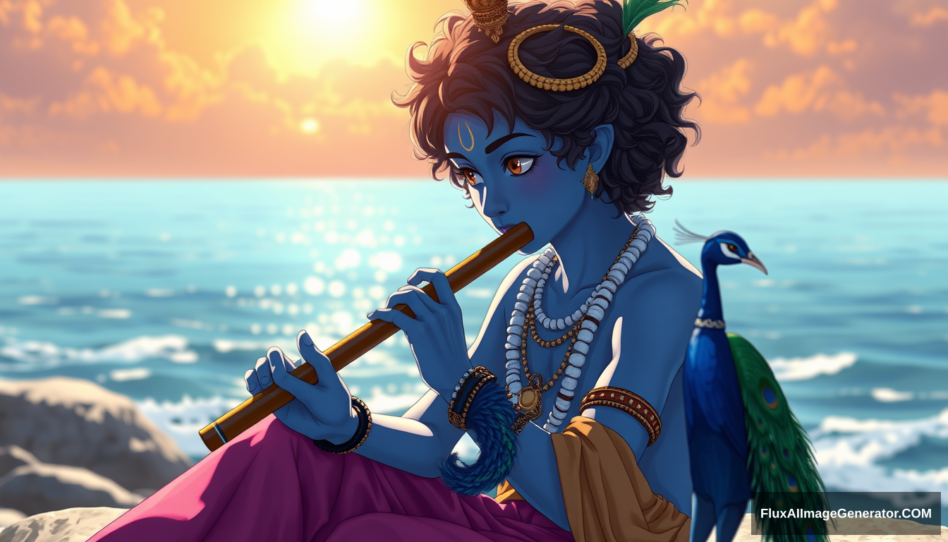 Young boy Krishna, 20 years old (blue skin)  
BREAK  
Playing flute  
BREAK  
Sea  
BREAK  
Nature, sun, sitting, anime style, peacock, feather, cinematic rendering, 3D look, ((long curly hair))  